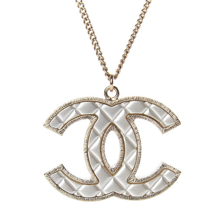 Chanel Metal Quilted CC Pendant Necklace Gold White 4 of 6