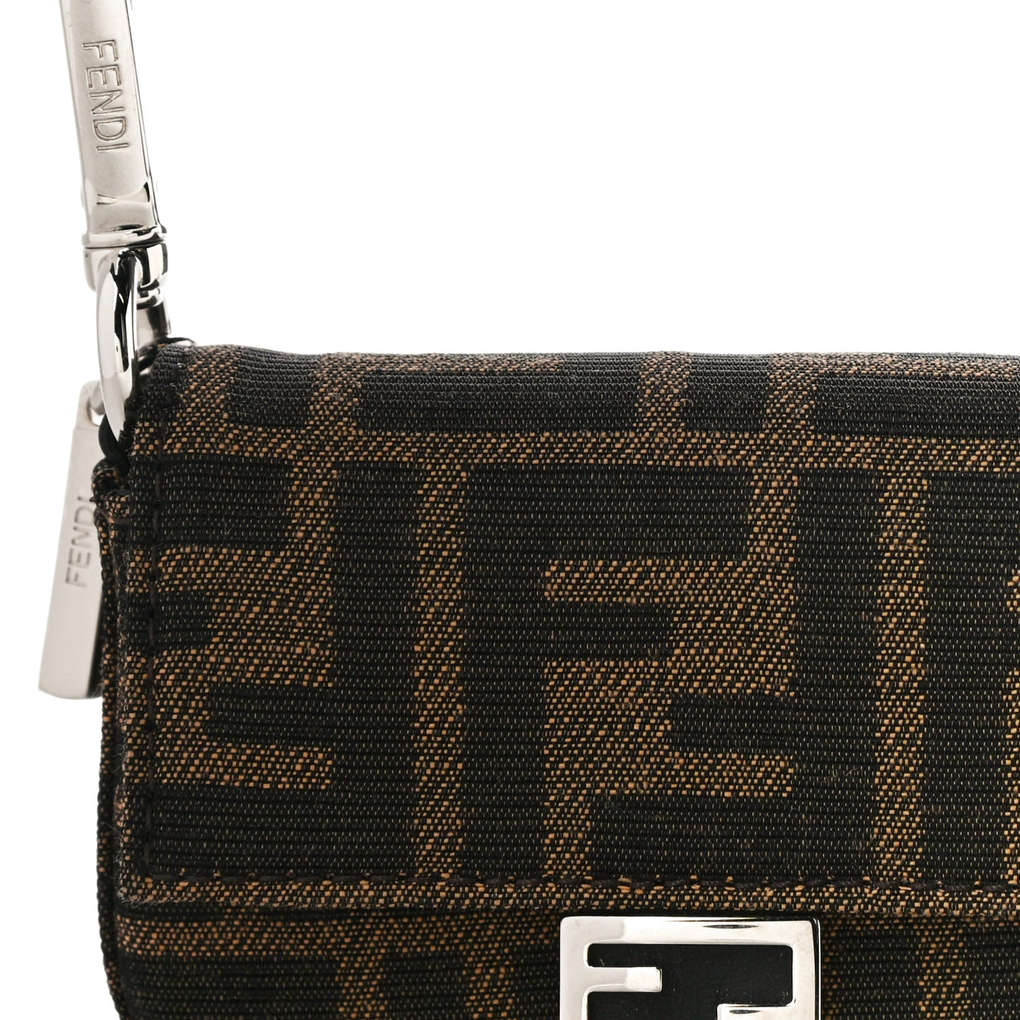 Recycled Fabric Jacquard Vitello Grace FF 1974 Nano Baguette Charm Tobacco Moro Black