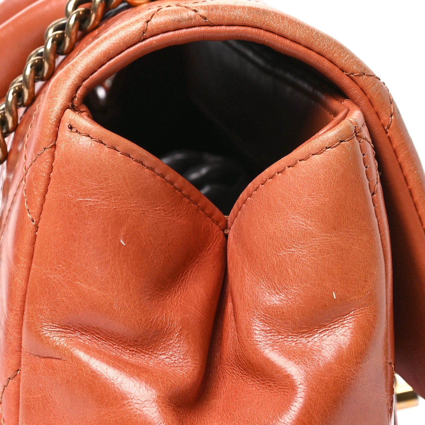 Glazed Calfskin Quilted Medium Gold Bar Top Handle Flap Orange