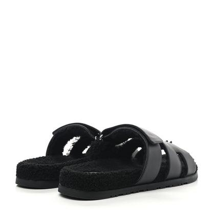 Hermes Calfskin Woolskin Mens Chypre Sandals 43 Black 4 of 8