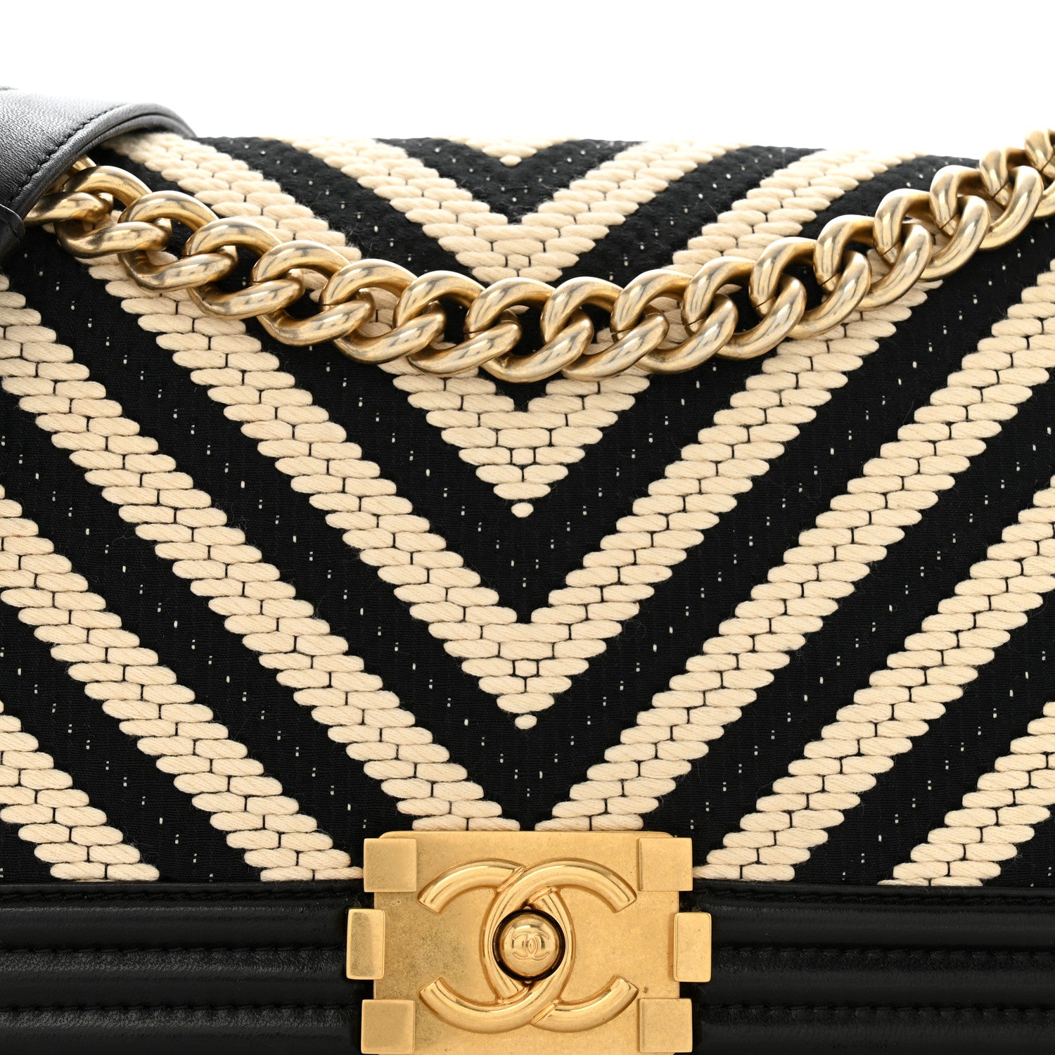 Chanel Fabric Chevron Braided Medium Boy Flap Black White 8 of 13