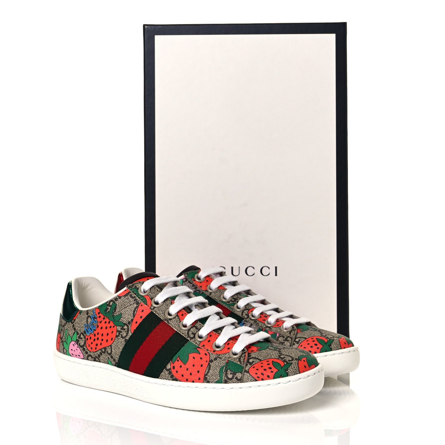 GG Supreme Monogram Strawberry Web Womens Ace Sneakers 35 Beige Multicolor Red Green