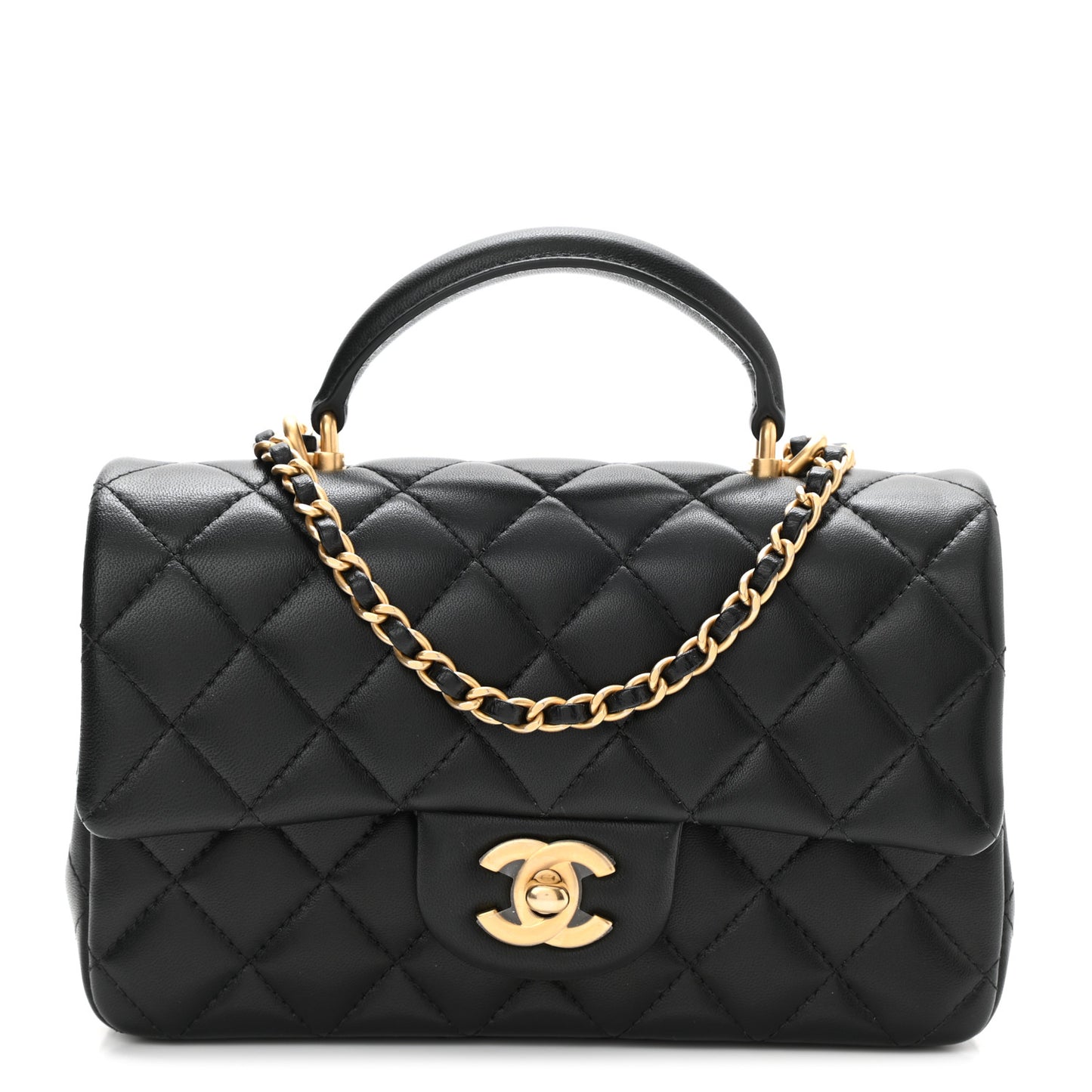 Lambskin Quilted Mini Top Handle Rectangular Flap Black