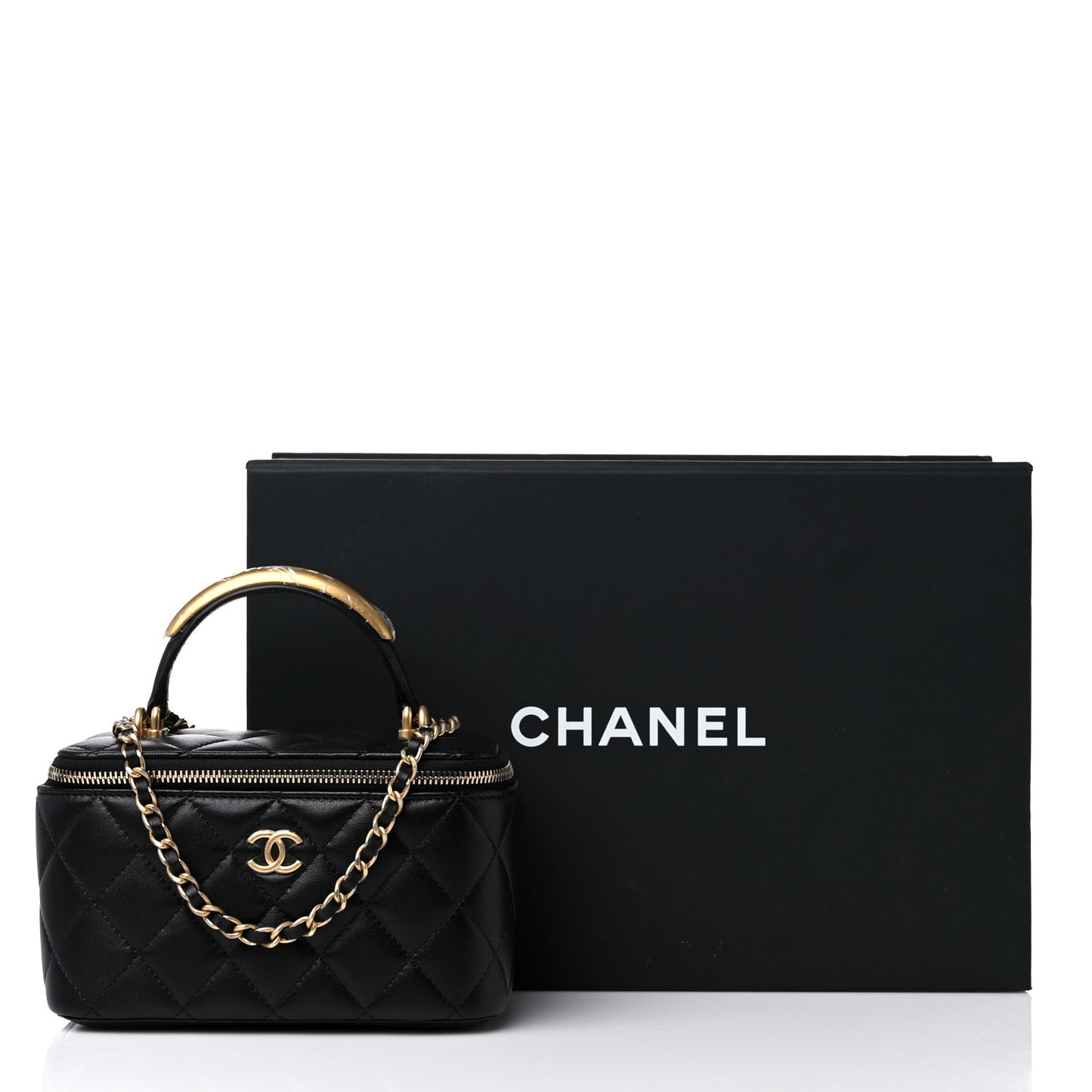 Lambskin Quilted Metal Small Top Handle Vanity Case With Chain Black