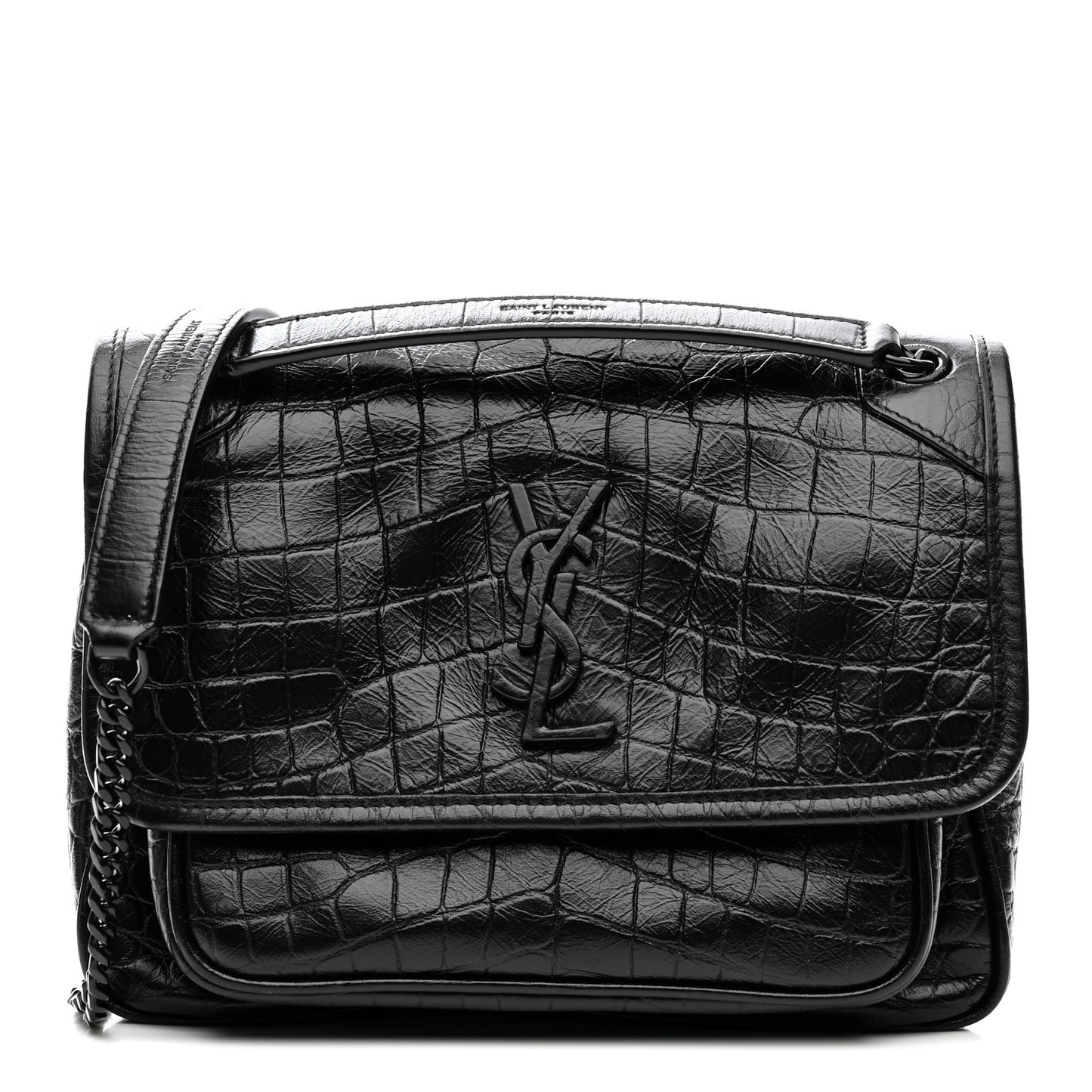 Calfskin Crocodile Embossed Matelasse Monogram Baby Niki Chain Satchel Black