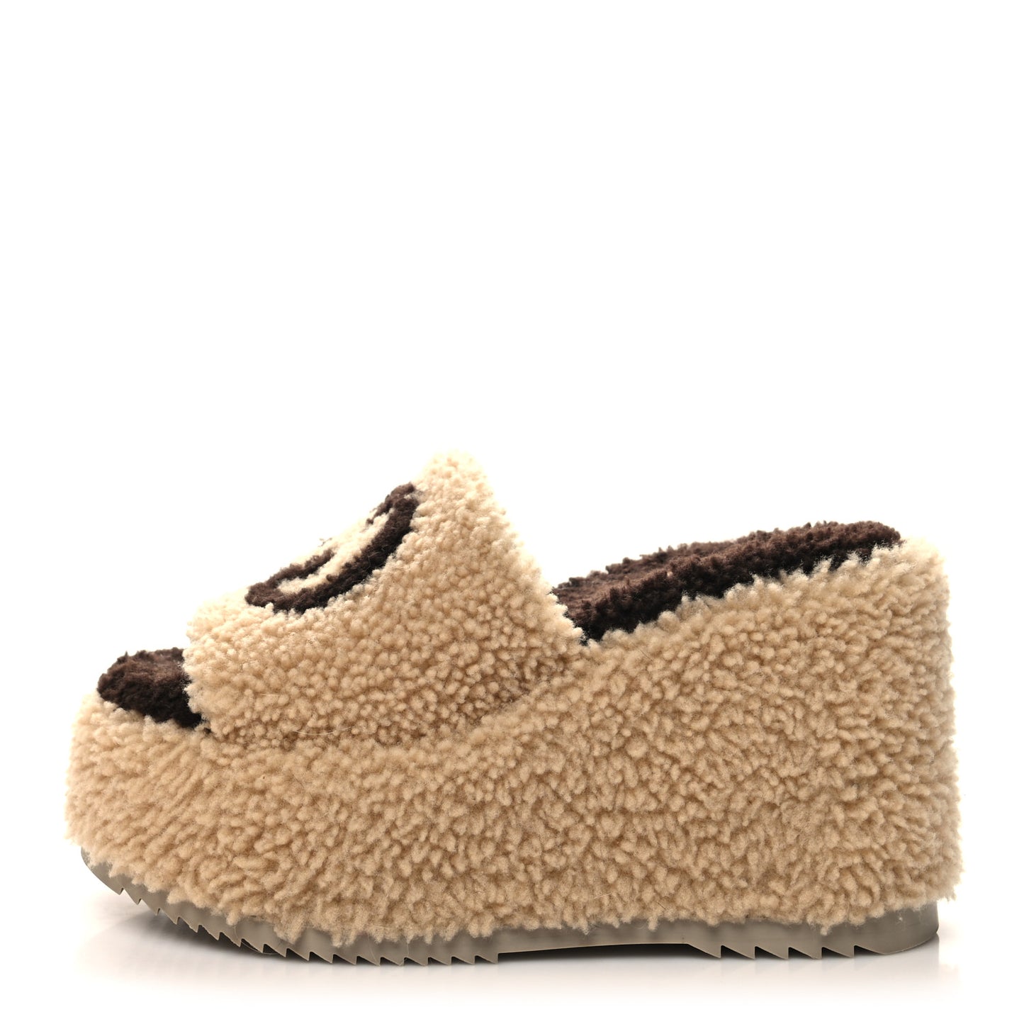 Shearling Interlocking G Womens Elea Platform Slide Wedge Sandals 38 Butterscotch Cocoa