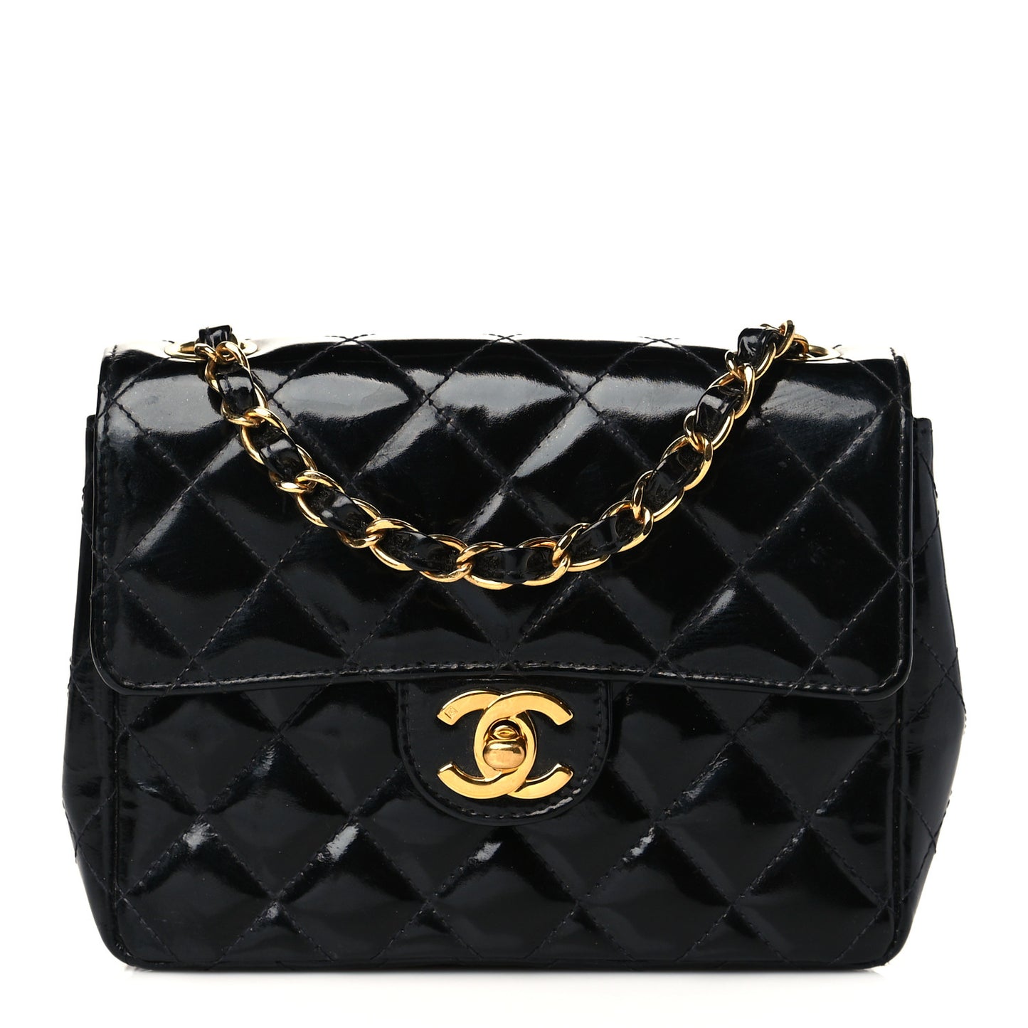 Patent Calfskin Quilted Mini Square Flap Black