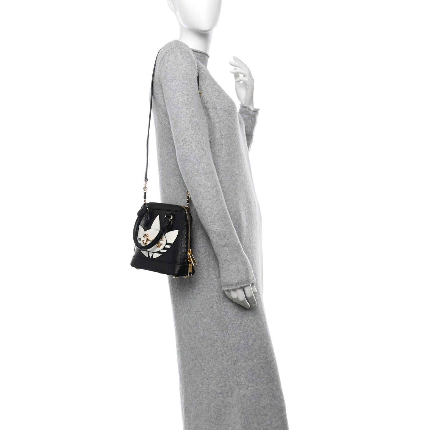 X ADIDAS Textured Dollar Calfskin Web Trefoil Mini Horsebit 1955 Top Handle Bag Black Off White