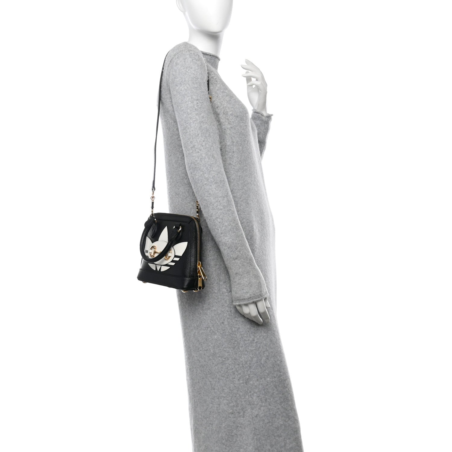 Gucci X ADIDAS Textured Dollar Calfskin Web Trefoil Mini Horsebit 1955 Top Handle Bag Black Off White 2 of 10