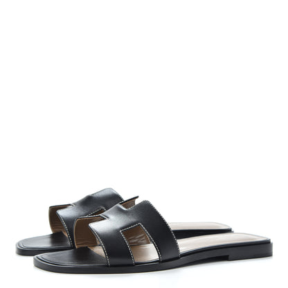 Hermes Box Calfskin Oran Sandals 37.5 Black 3 of 9