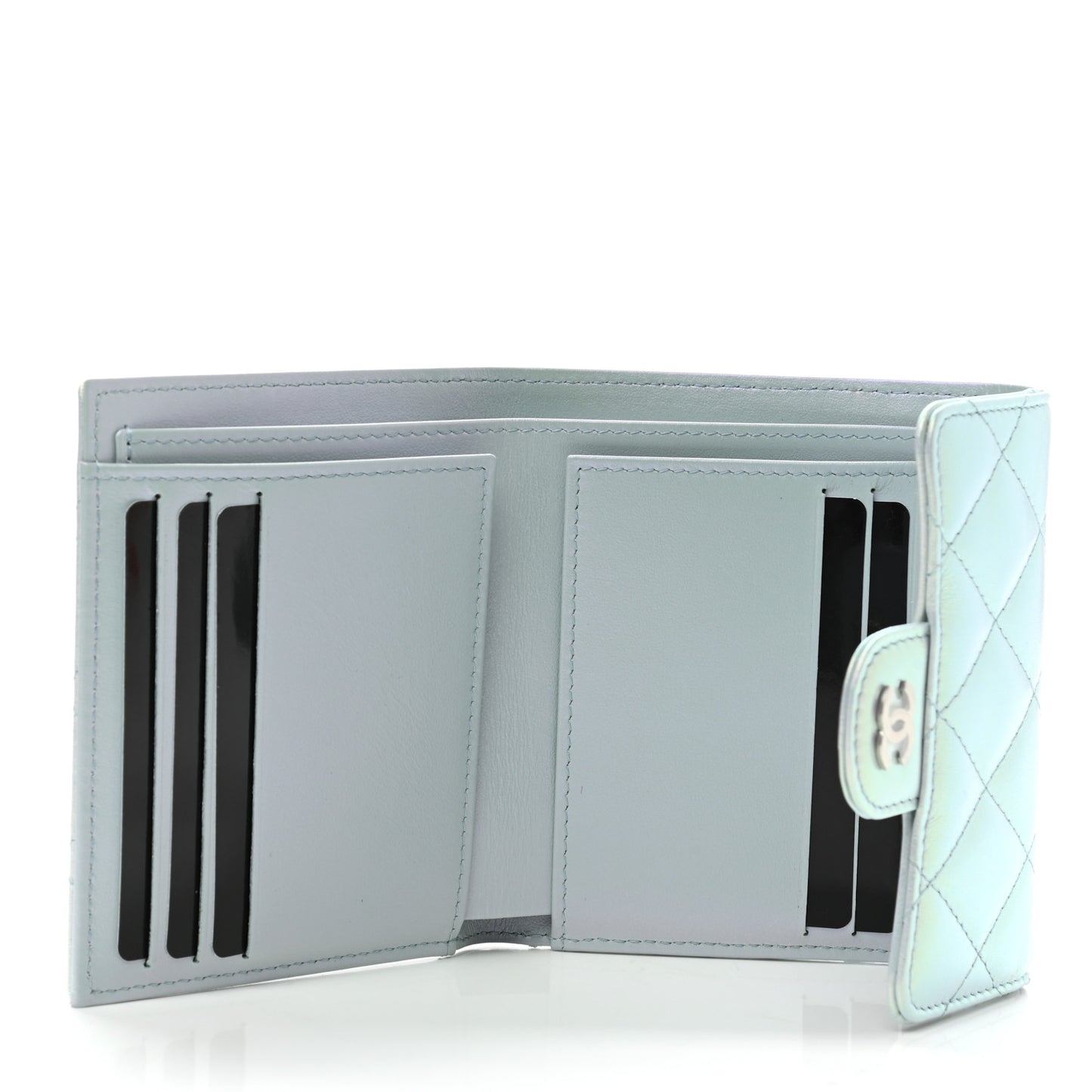 Iridescent Calfskin Quilted Compact Flap Wallet Light Blue