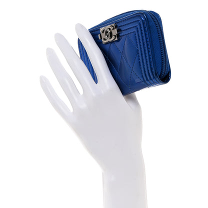 Chanel Metallic Patent Quilted Zip Around Boy Coin Purse Wallet Blue 2 of 8