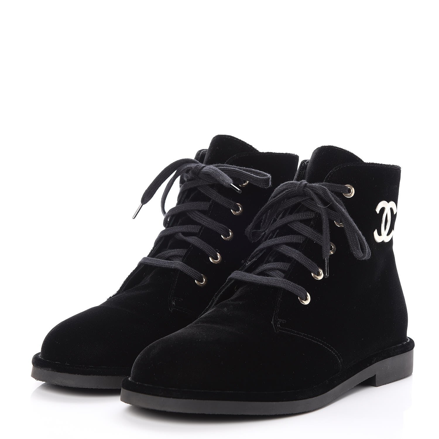 Chanel Velvet CC Lace Up Boots 38 Black 3 of 9