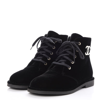 Chanel Velvet CC Lace Up Boots 38 Black 3 of 9