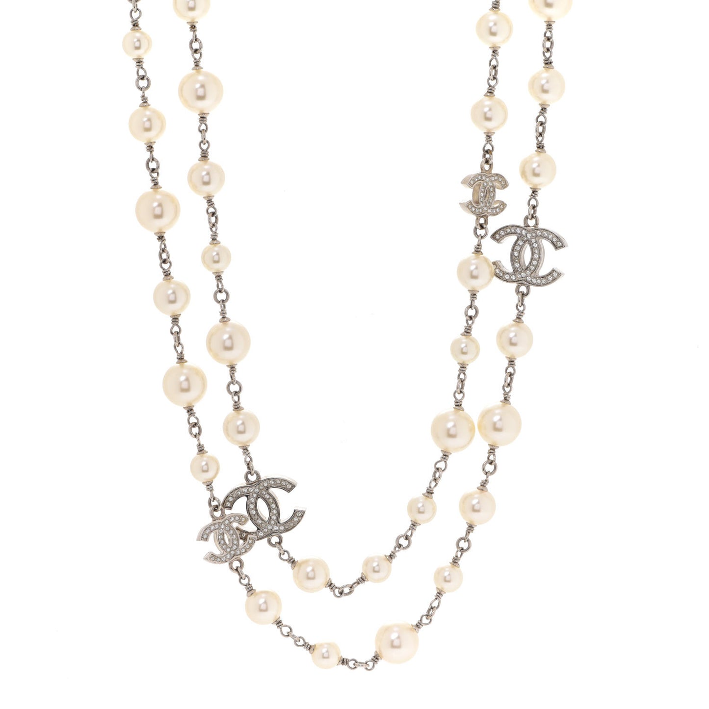 Crystal Pearl CC Long Necklace Silver