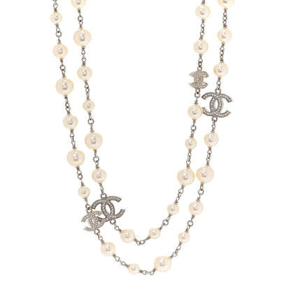 Chanel Crystal Pearl CC Long Necklace Silver 1 of 6