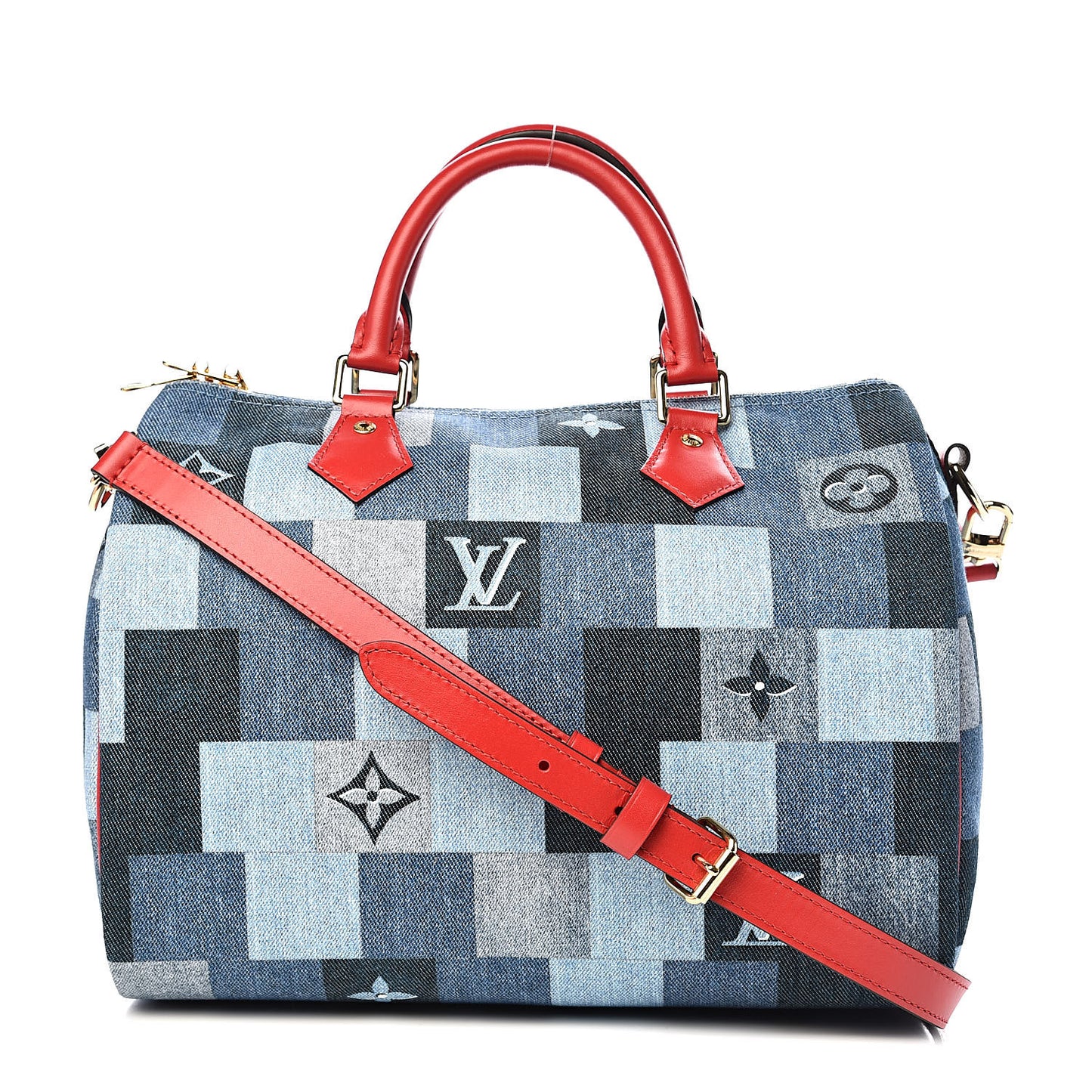 Denim Damier Monogram Patchwork Speedy Bandouliere 30 Blue Rouge