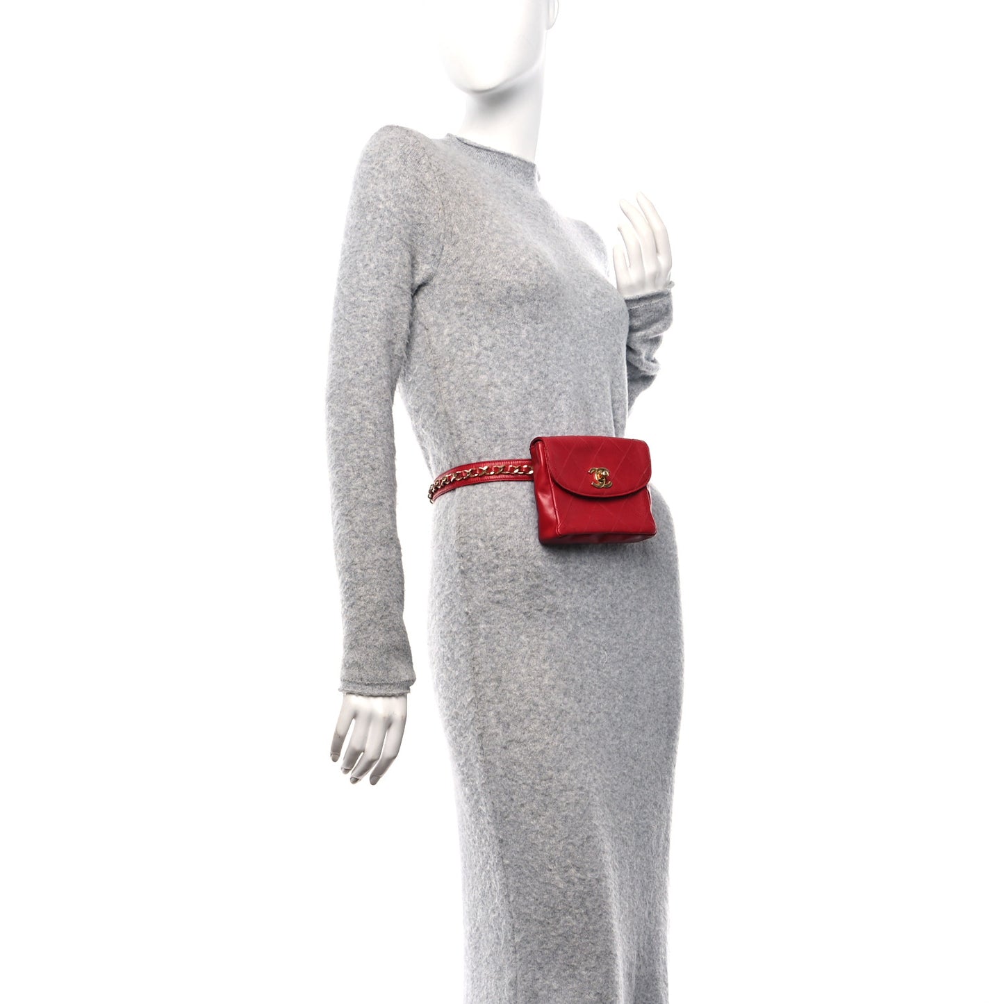 Lambskin Diamond Stitched Waist Chain Belt Flap Bag  85 34 Red