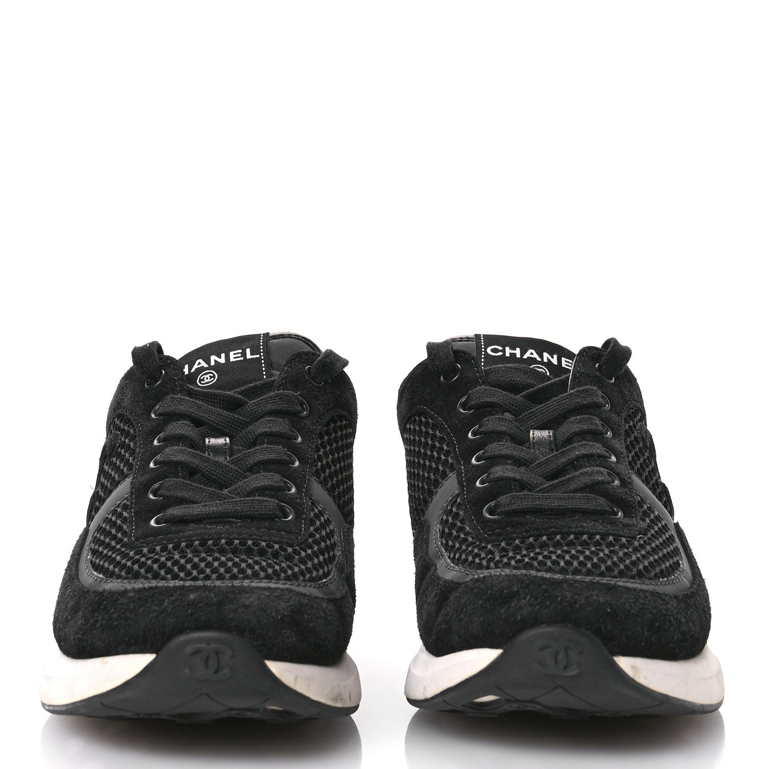 黎 Chanel Calfskin Mesh Lycra Suede Womens Logo Sneakers 39