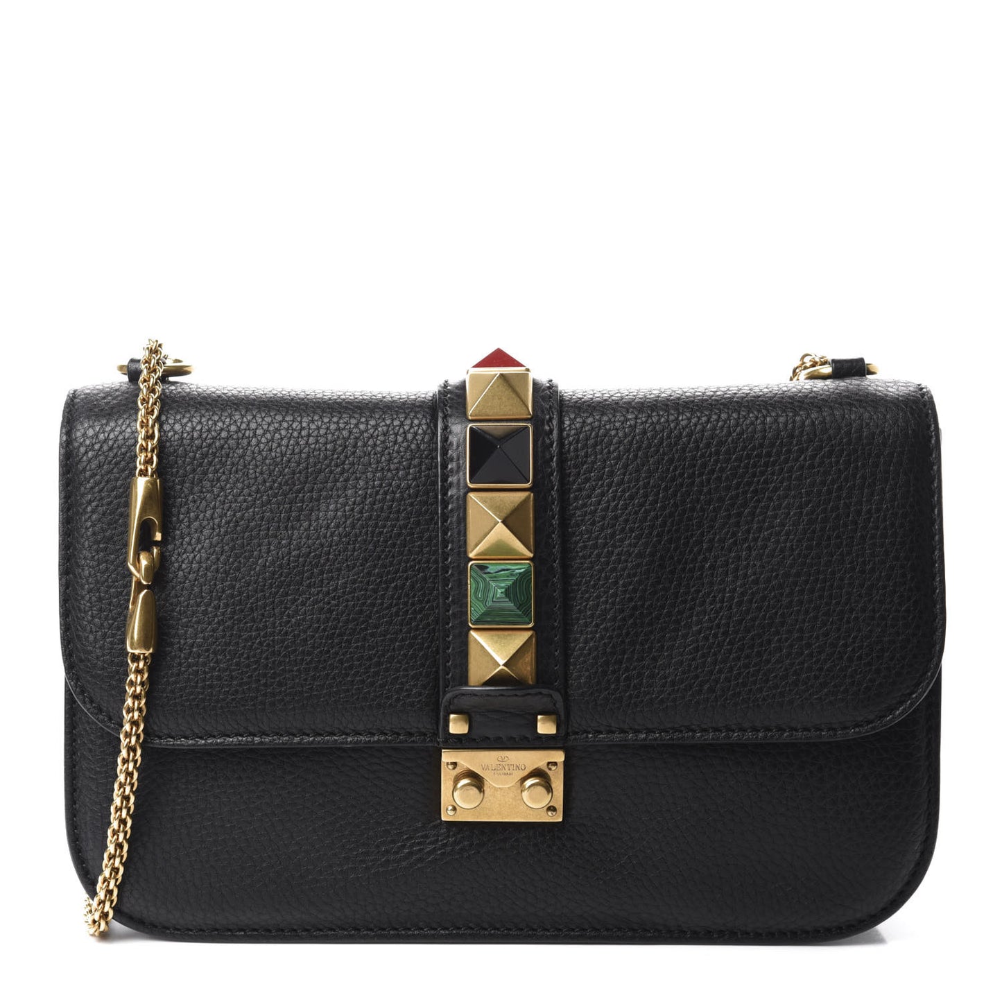 Pebbled Calfskin Medium Rockstud Rolling Glam Lock Rockstud Flap Black