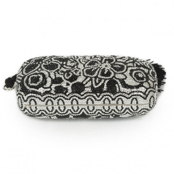 Crystal Floral Minaudiere Tassel Clutch Black White
