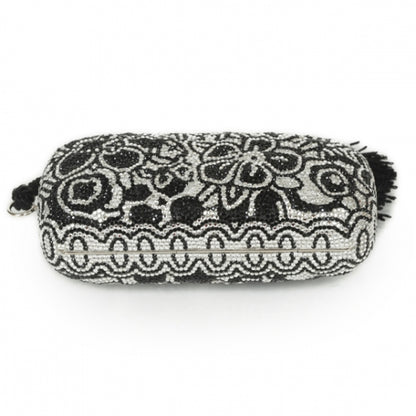 Judith Leiber Crystal Floral Minaudiere Tassel Clutch Black White 3 of 12