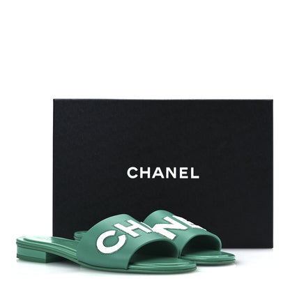 Chanel Calfskin Patent Calfskin Logo Mules 38 Green White 15 of 15