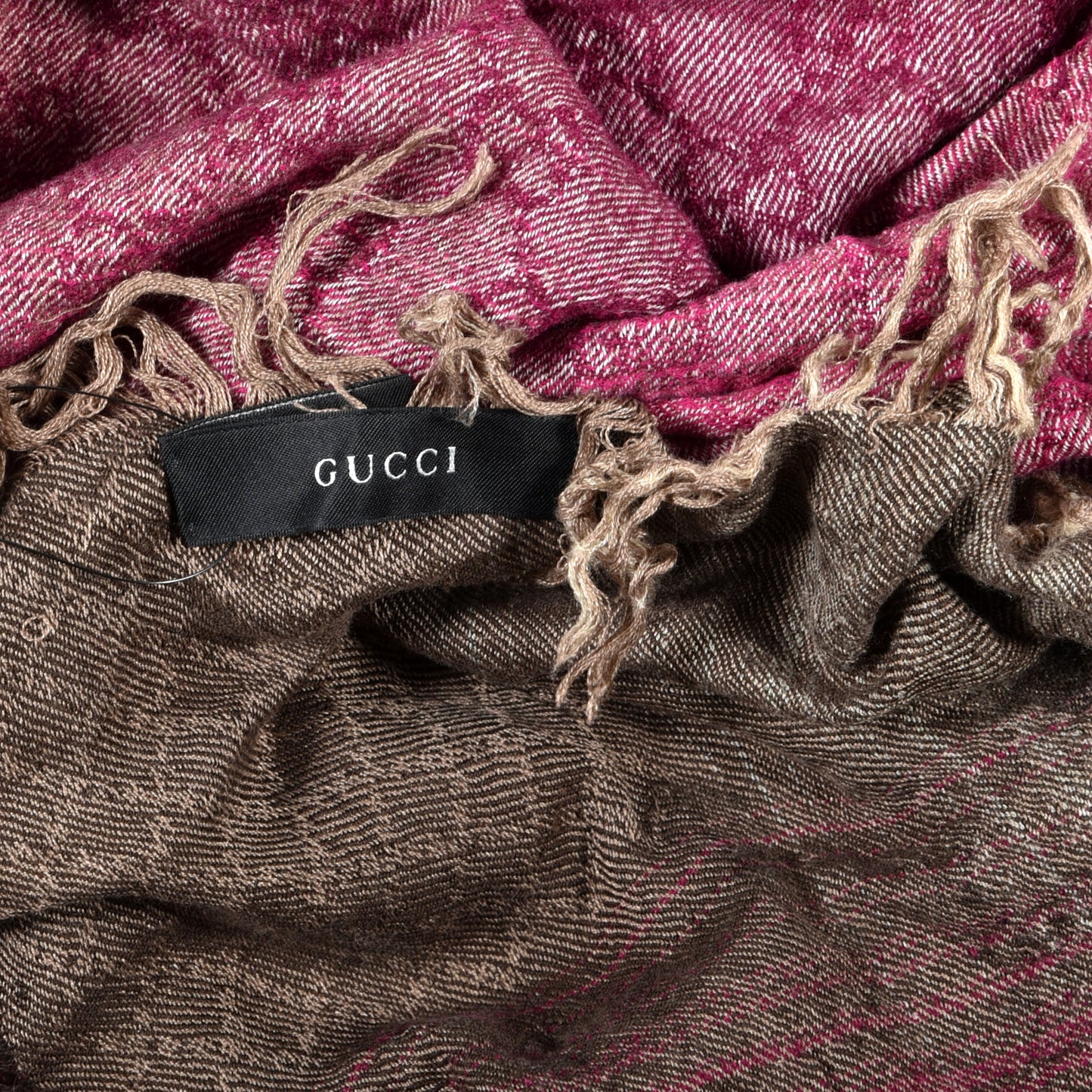 Wool Silk Cotton Monogram Fringe Scarf Pink Brown