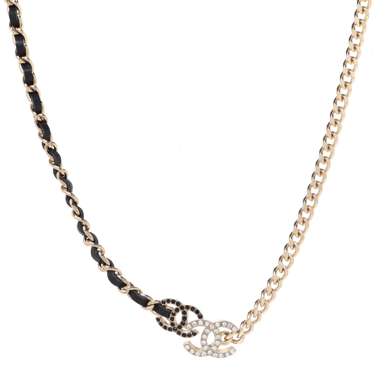 Chanel Metal Calfskin Crystal Double CC Short Necklace Black Gold 1 of 6
