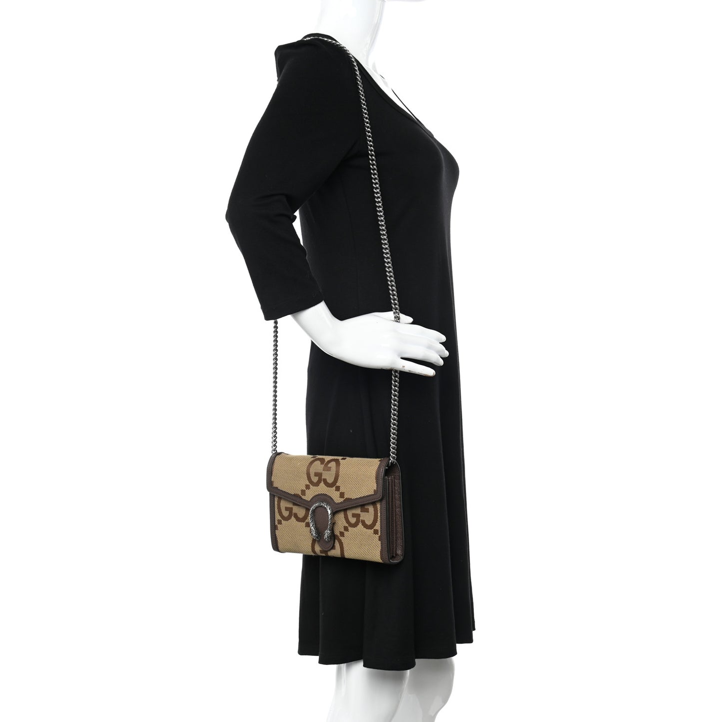 Monogram Jumbo GG Textured Dollar Calfskin Mini Dionysus Chain Wallet Camel Ebony New Acero