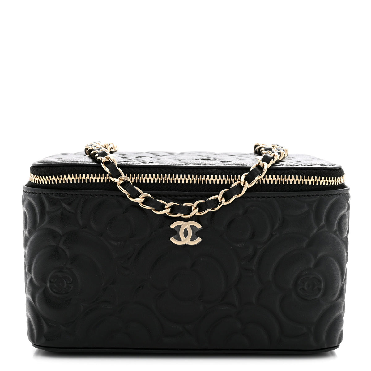 Chanel Lambskin Camellia Embossed Small Vanity Case With Chain Black 1 of 11