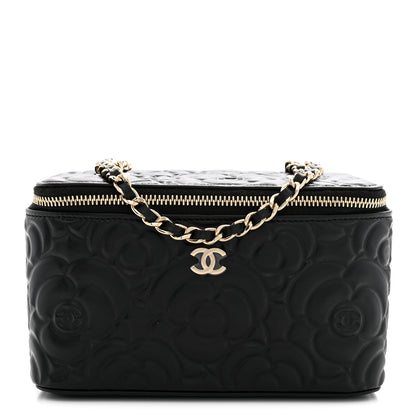 Chanel Lambskin Camellia Embossed Small Vanity Case With Chain Black 1 of 11