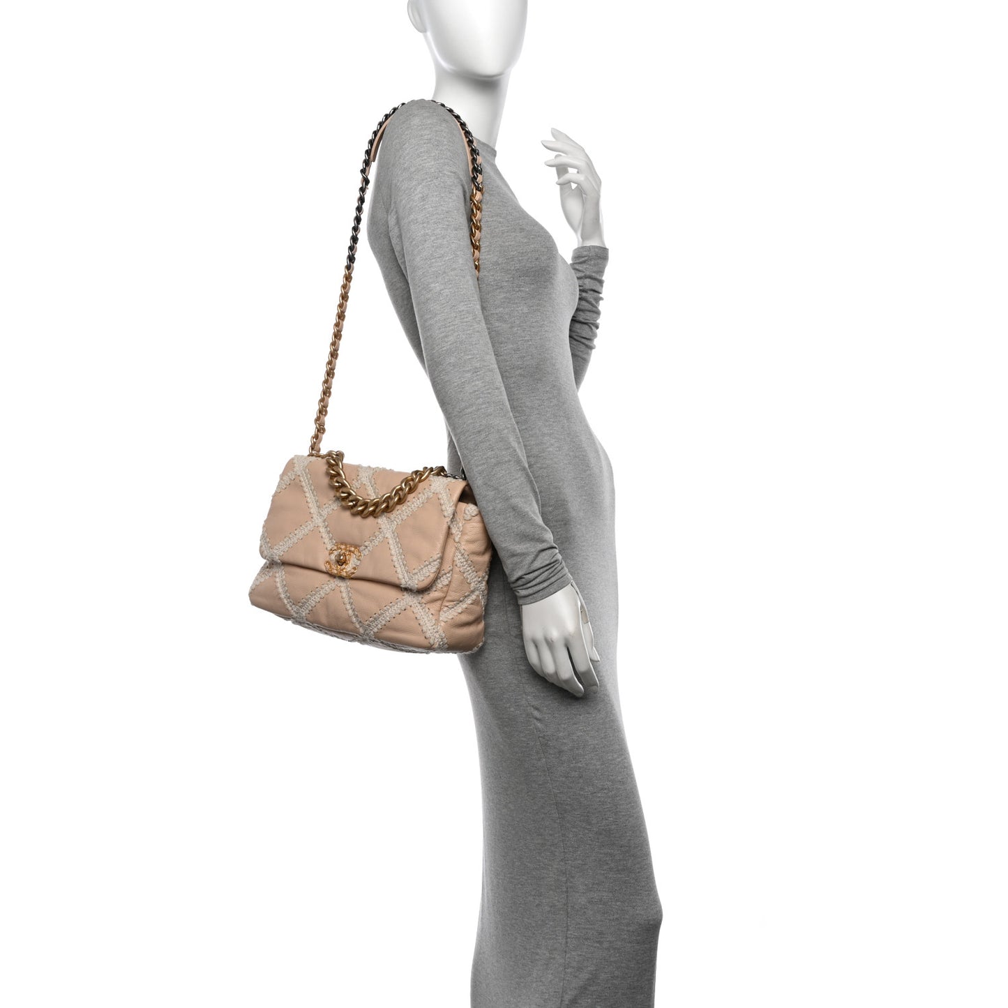Calfskin Crochet Large Chanel 19 Flap Beige