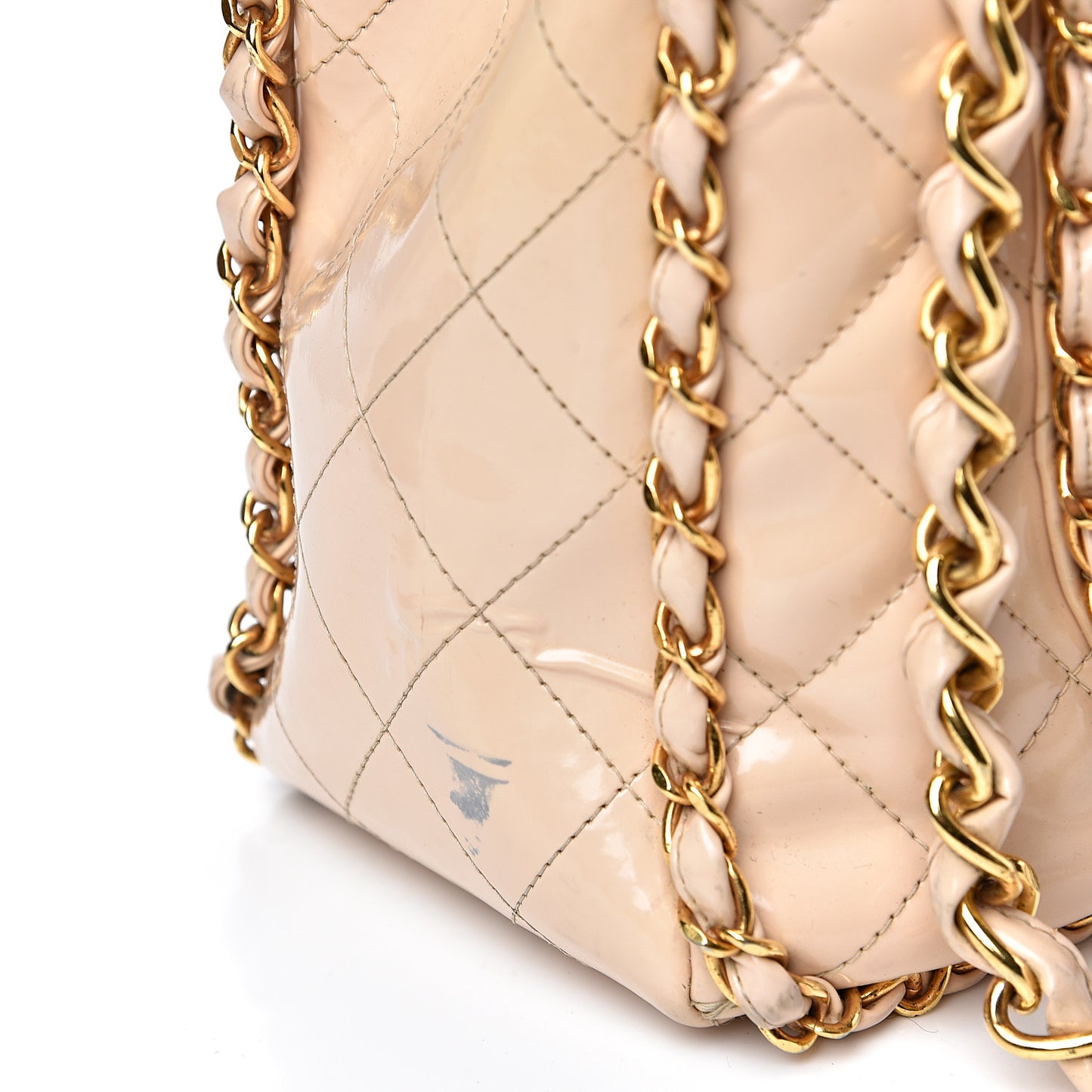 Patent Quilted Jumbo XL Chain Around Flap Beige