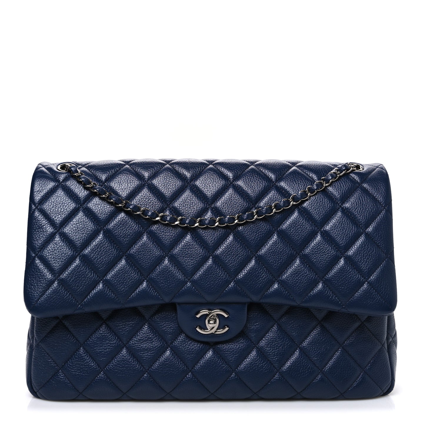 Metallized Calfskin Quilted XXL Travel Flap Bag Navy