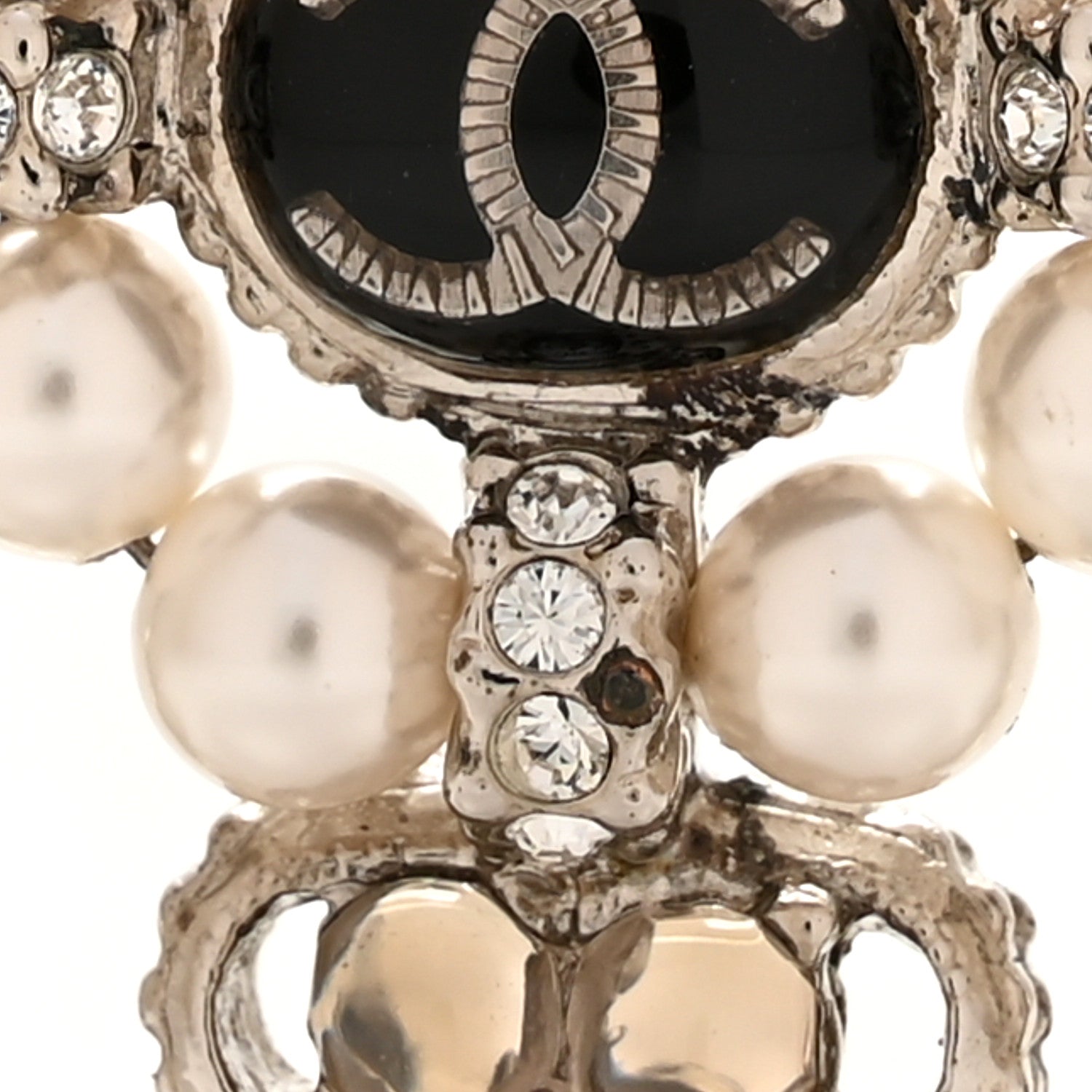 Chanel Gripoix Poured Glass Crystal Pearl Brooch Black Silver