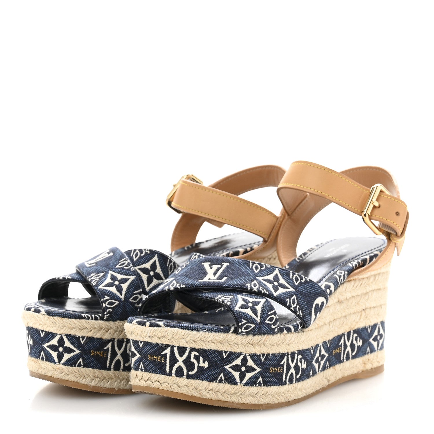 Louis Vuitton Jacquard Calfskin Since 1854 Boundary Wedge Sandals 36 Blue 4 of 11