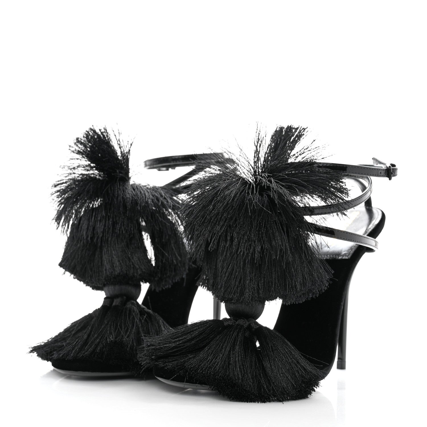 Saint Laurent Vernice Chiffon Tassel Embellished Pierre Pon Pon 110 Sandals 37 Black 3 of 7