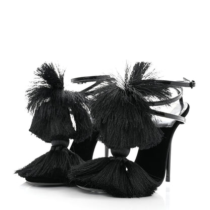 Saint Laurent Vernice Chiffon Tassel Embellished Pierre Pon Pon 110 Sandals 37 Black 3 of 7