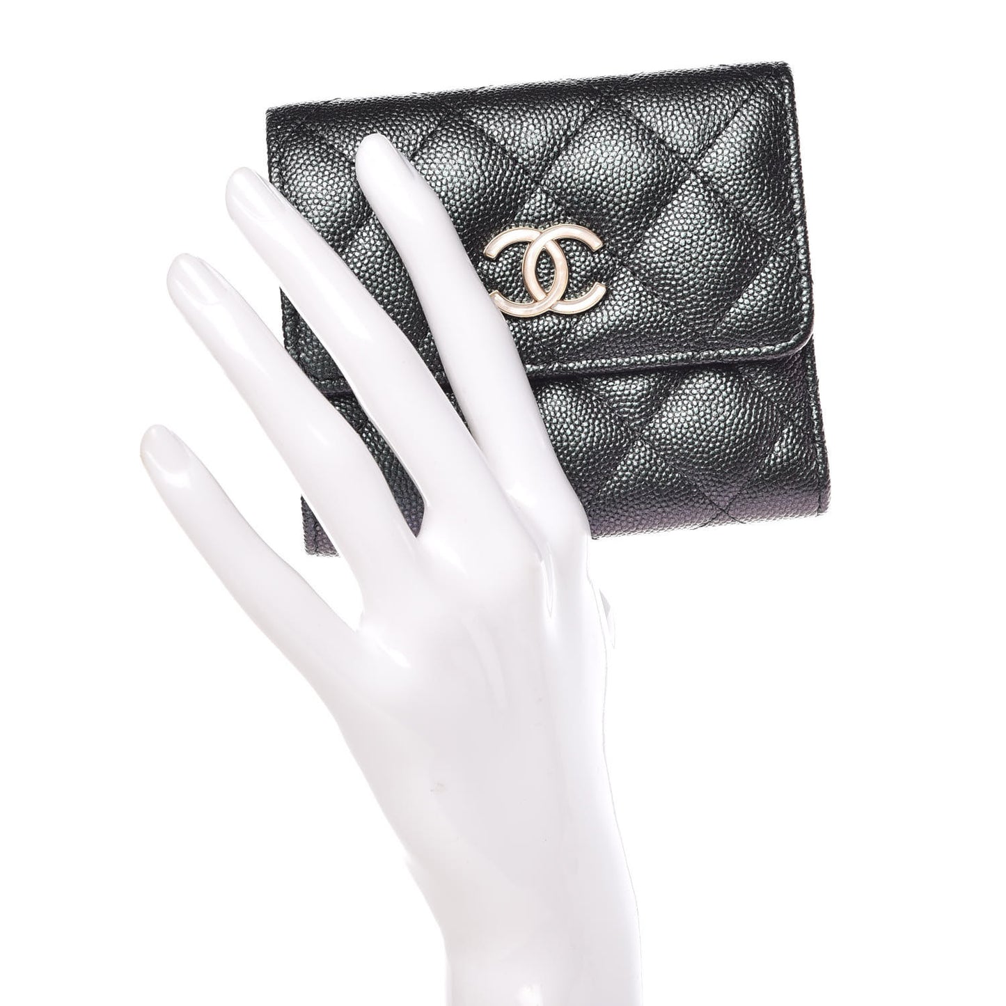 Iridescent Caviar Quilted Small Flap Wallet Black