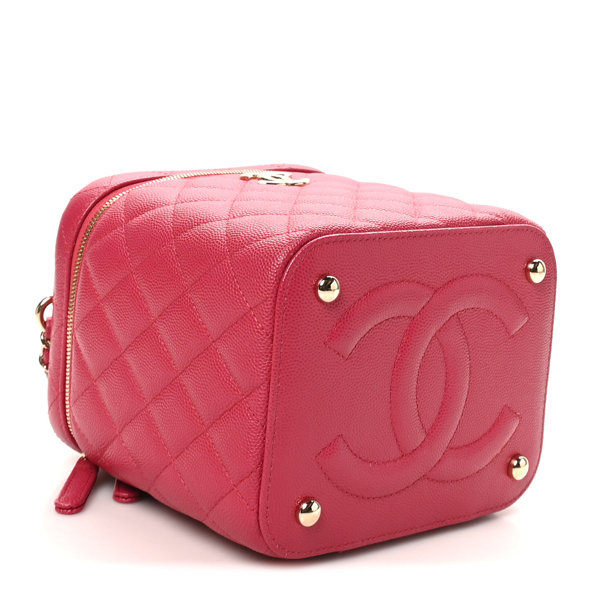 Caviar Quilted Small Top Handle Vanity Case With Chain Dark Pink