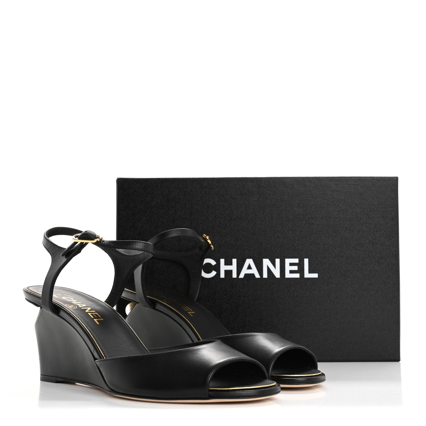 Lambskin Pearl CC Wedge Sandals 40 Black