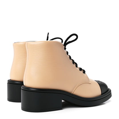 Chanel Lambskin Lace Up Combat Boots 39.5 Beige Black 4 of 8