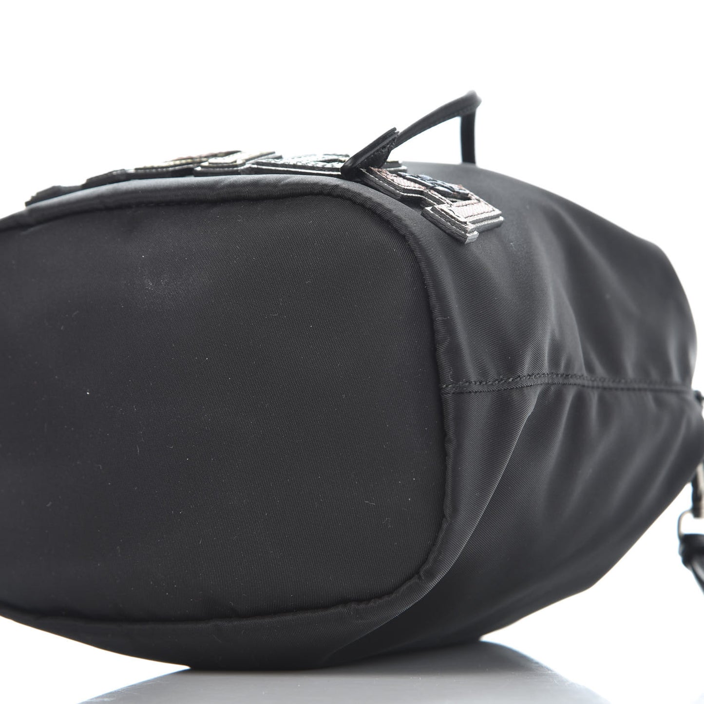 Saffiano Tessuto Nylon Vela Lettering Bucket Wristlet Black