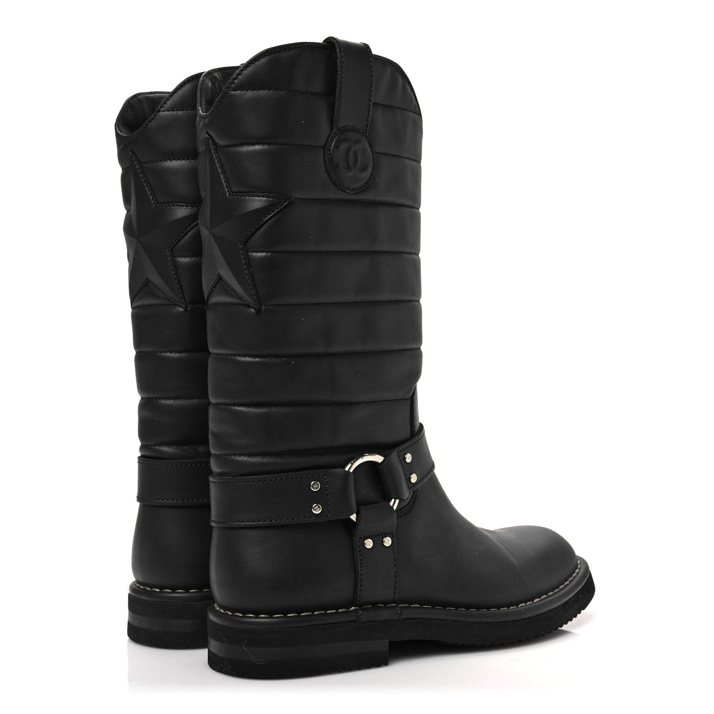 Oily Calfskin Star Quilted Biker Boots 36.5 Black