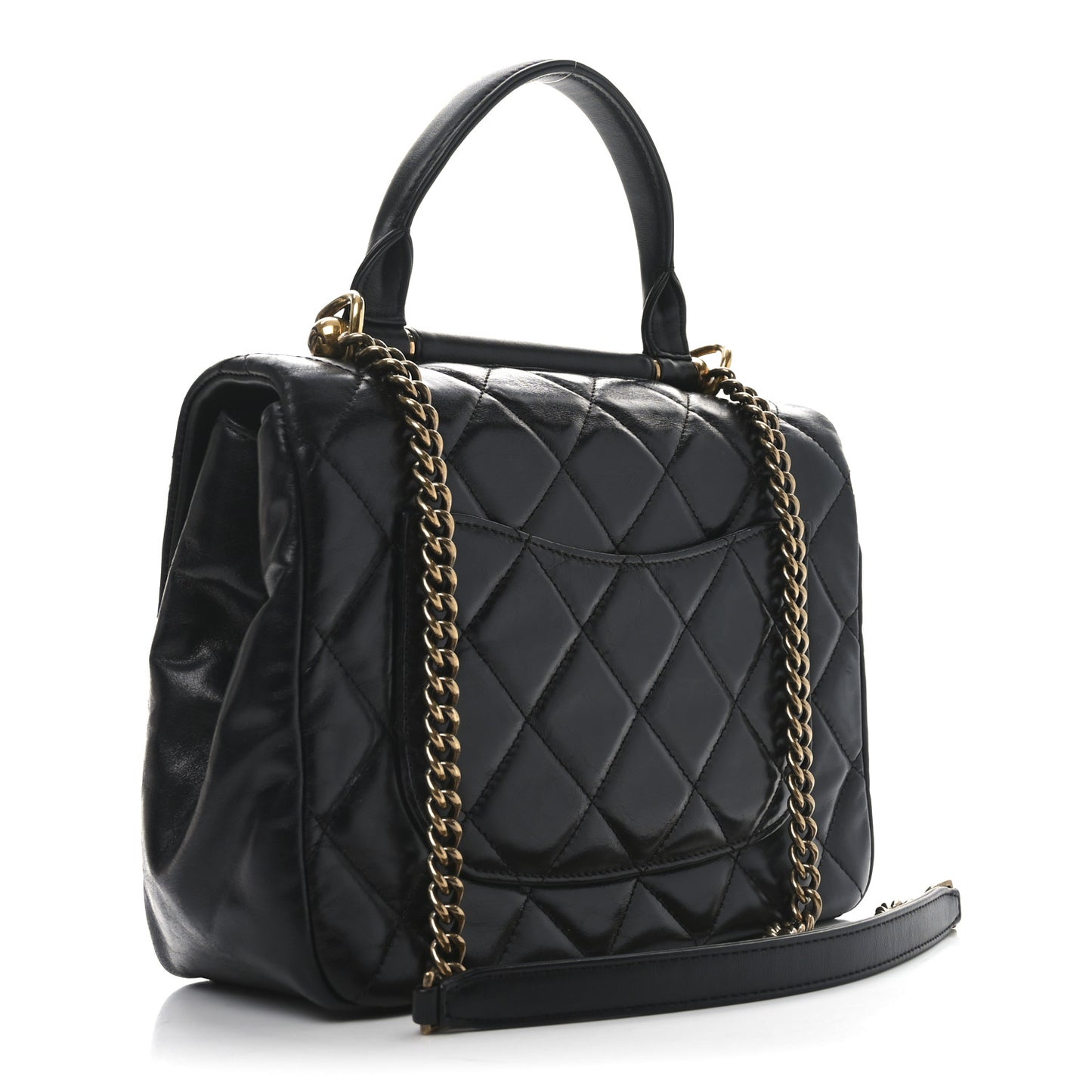Glazed Calfskin Quilted Medium Gold Bar Top Handle Flap Black