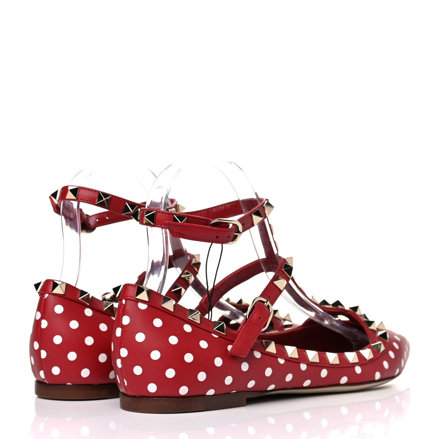 Valentino Garavani Calfskin Polka Dot Print Rockstud Cage Ballerina Flats 37.5 Red White 4 of 11