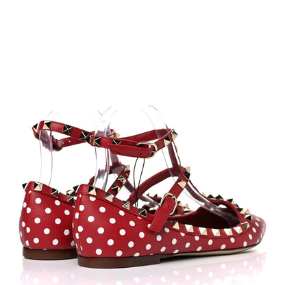 Valentino Garavani Calfskin Polka Dot Print Rockstud Cage Ballerina Flats 37.5 Red White 4 of 11