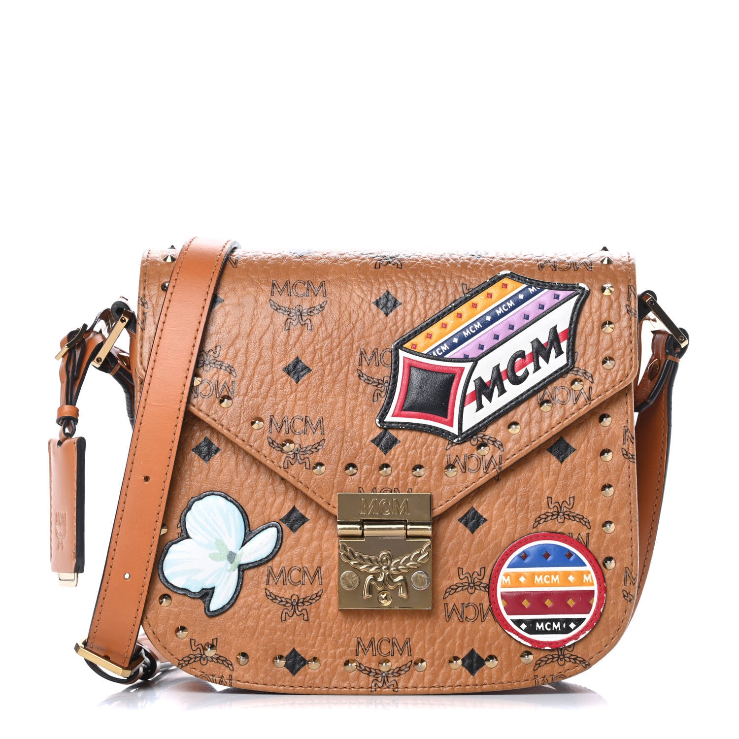 MCM Visetos Studded Victory Patch Patricia Shoulder Bag Cognac 1 of 19