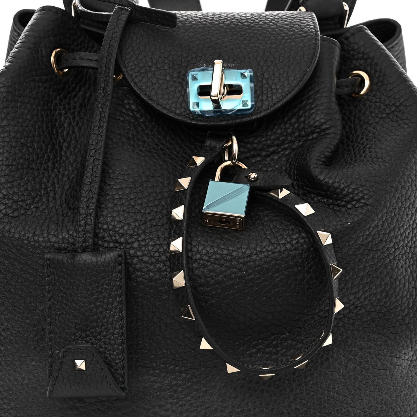 Pebbled Calfskin Rockstud Drawstring Backpack Black